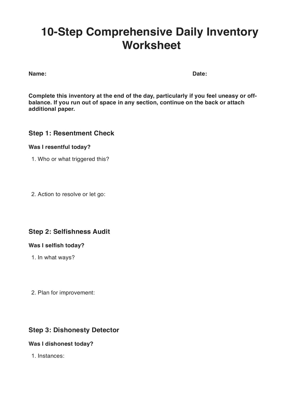 Printable 10th Step Nightly Inventory Worksheet