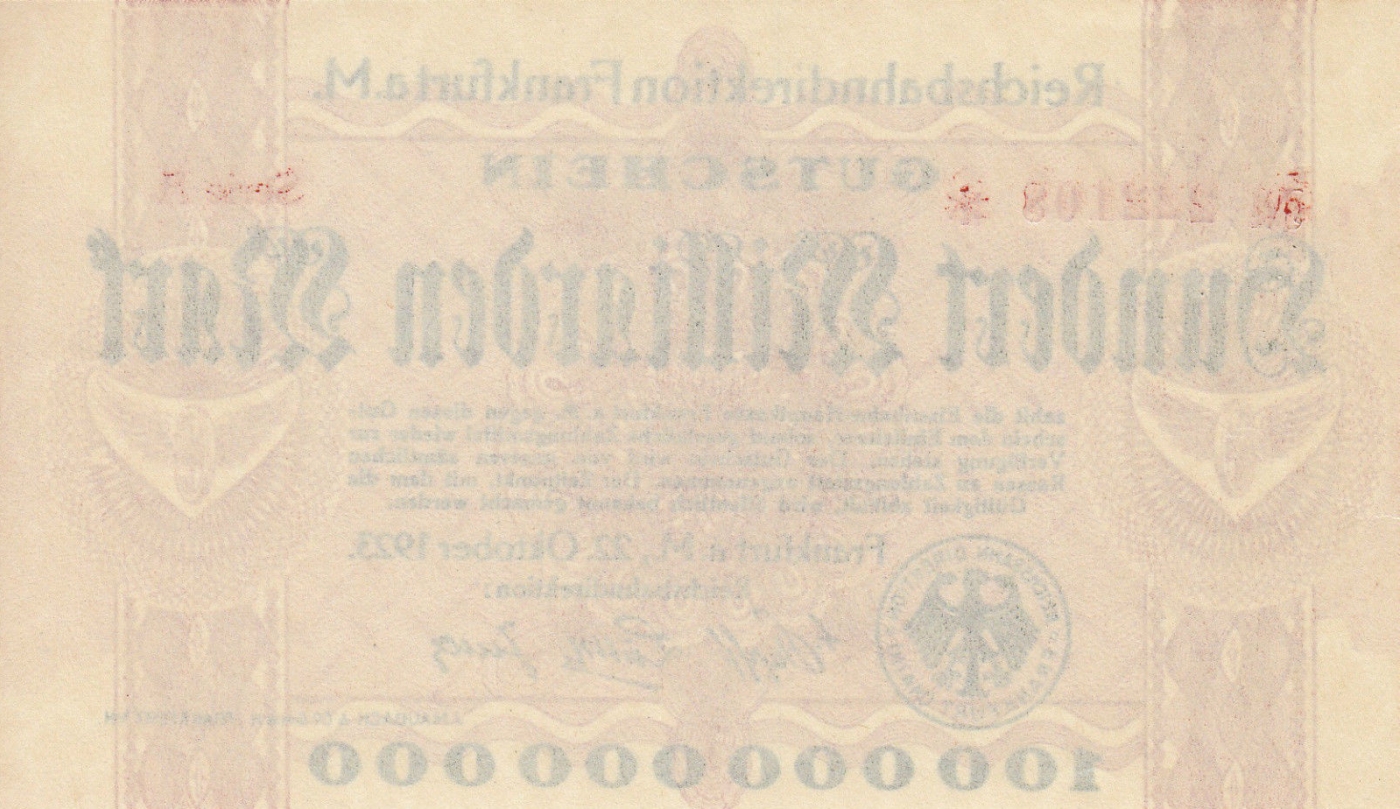 100 Milliarden 100 000 000 000 Mark 1923 22 X 1 1923 Issue German State Railroad Deutsche Reichsbahn Reichsbahandirektion Frankfurt Pe Main Germany Banknote 6823