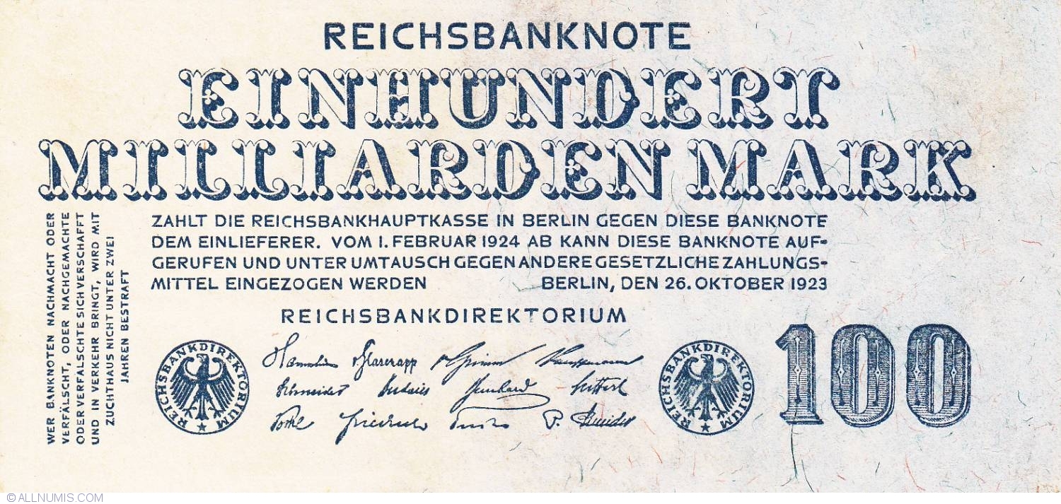100 Milliarden 100 000 000 000 Mark 1923 26 X Weimar Republic Reichsbanknoten Treasury Notes 1923 Ninth Issue Germany Banknote 6192