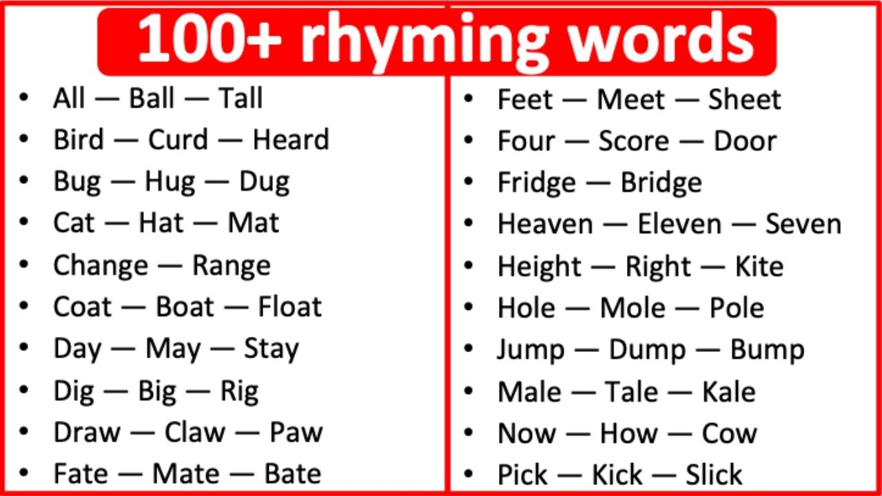 100 Rhyming Words What Are Rhyming Words Learn With Examples YouTube 100 Rhyming Words What Are Rhyming Words Learn With Examples YouTube