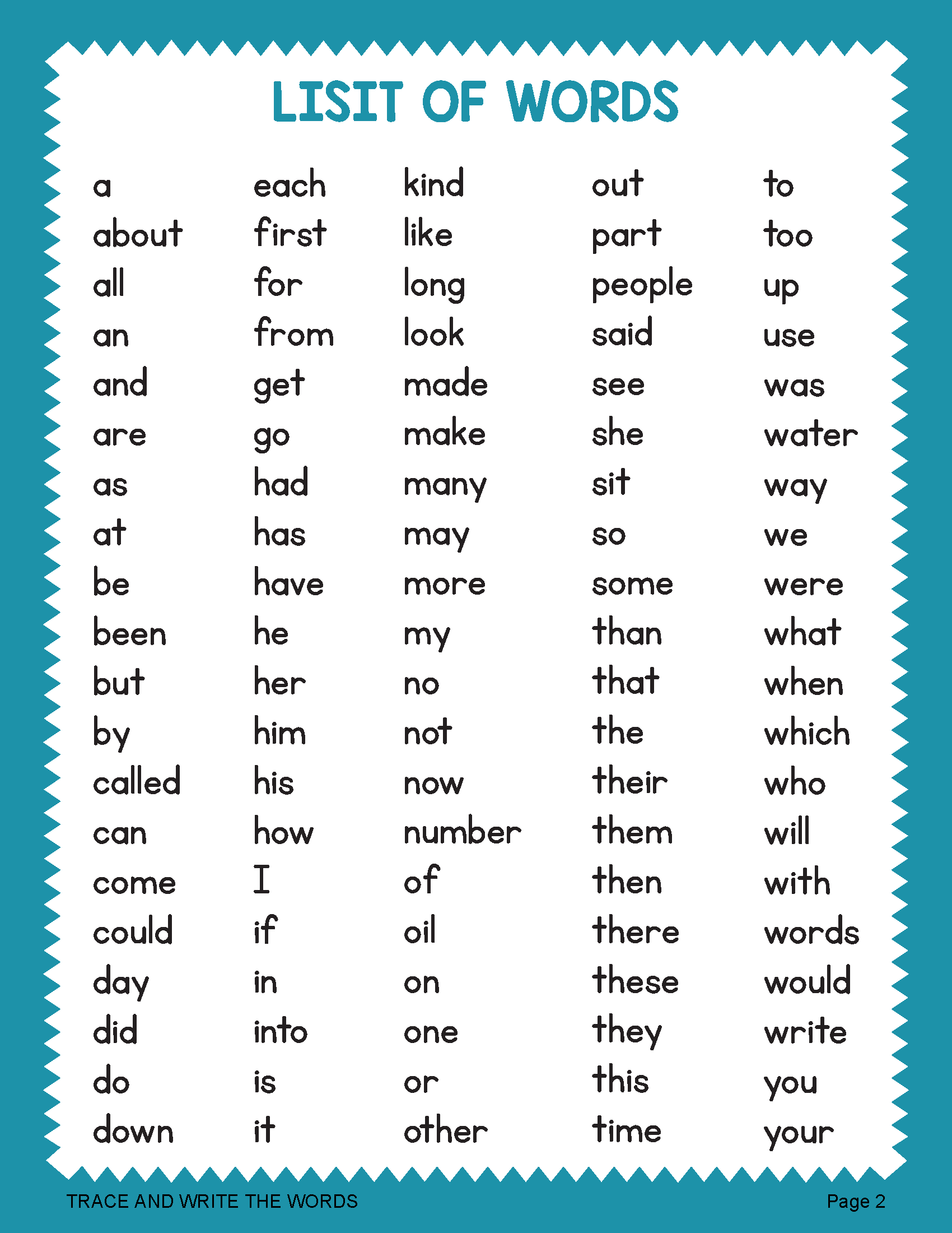 Pre K Sight Words List