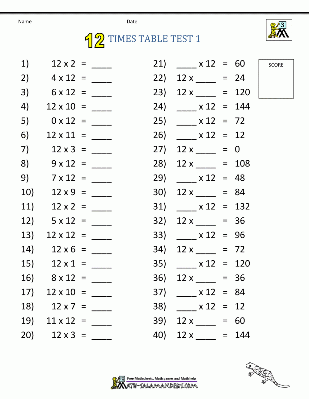 Multiply By 12 Worksheet