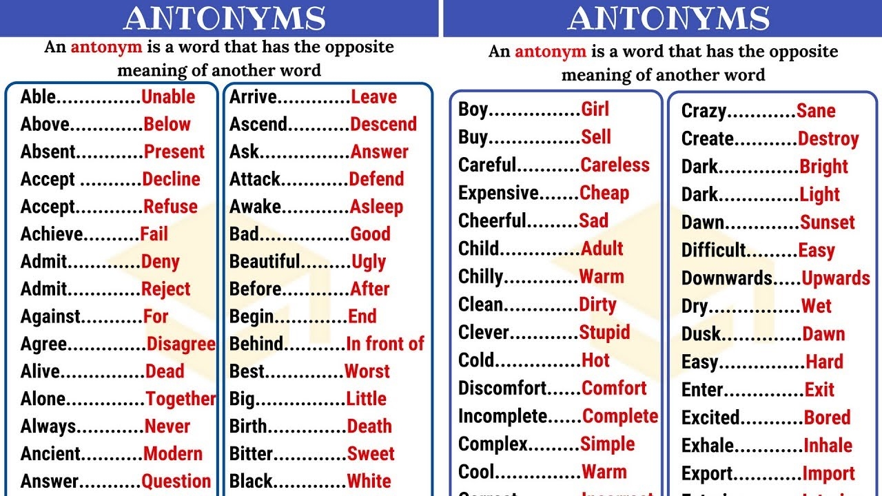 Words Opposite In Meaning Antonyms