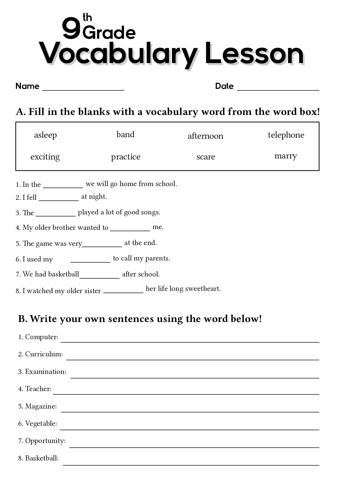 Free Printable Worksheets For 9th Graders