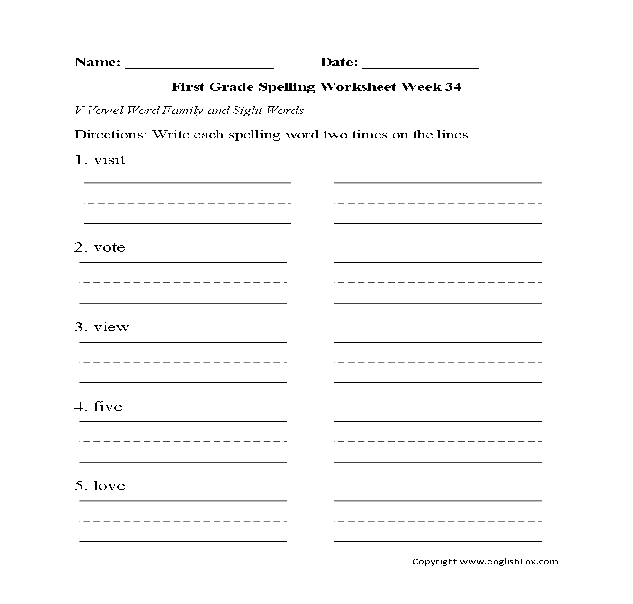 1st Grade Spelling Worksheets Printable Word Lists Weekly Practice