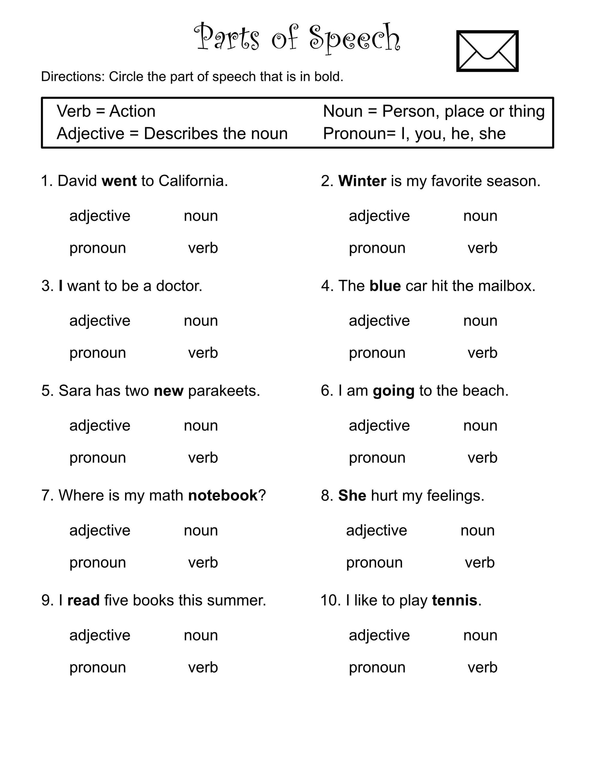 free printable parts of speech worksheets