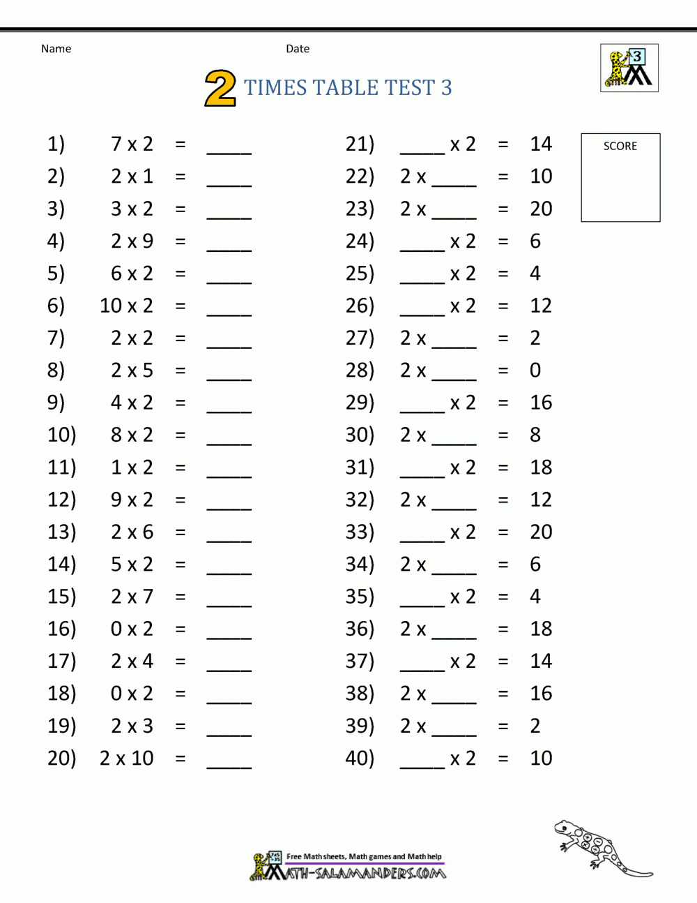 2 Times Table Worksheet Page 2 Times Table Worksheet Page