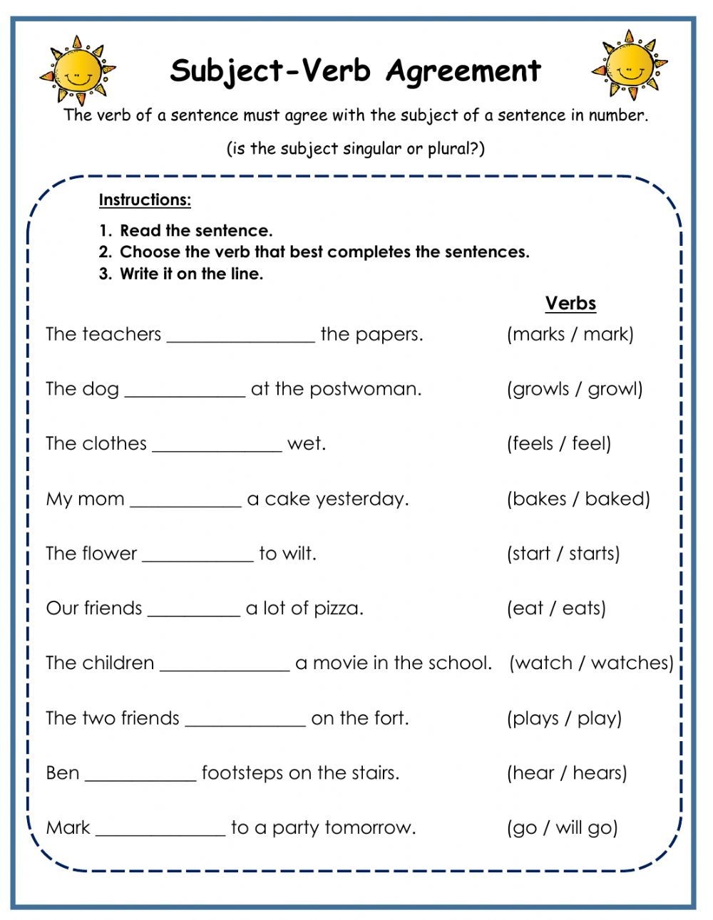 Subject And Verb Agreement Worksheet