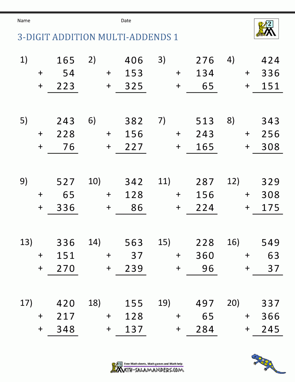 Three Digit Addition Worksheets