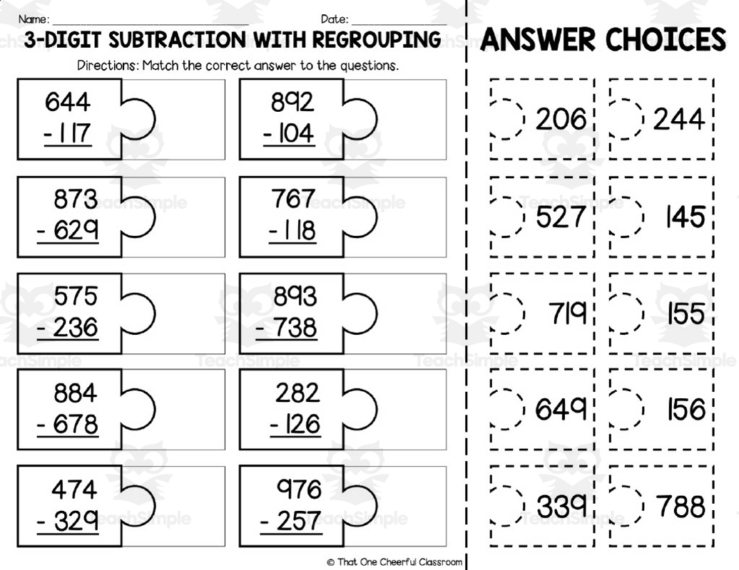 3 Digit Subtraction With Regrouping Matching Worksheet By Teach Simple