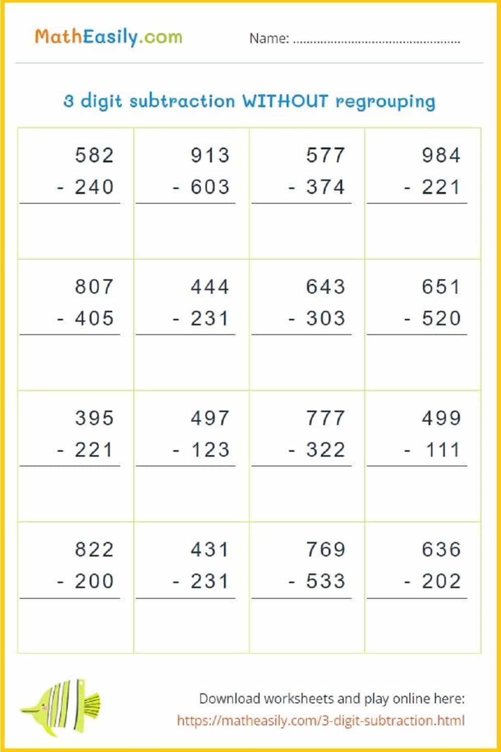 3 digit subtraction printable worksheets