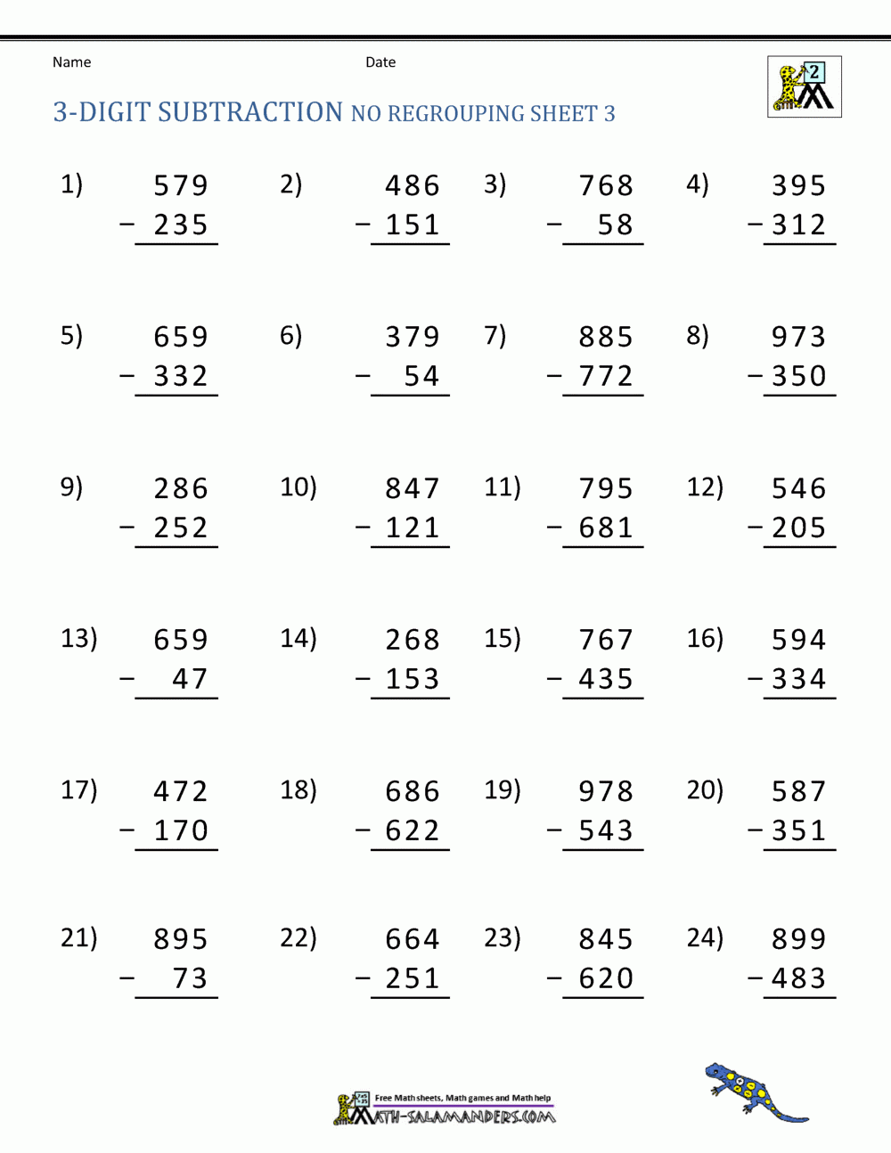 3 Digit Subtraction Printable Worksheets