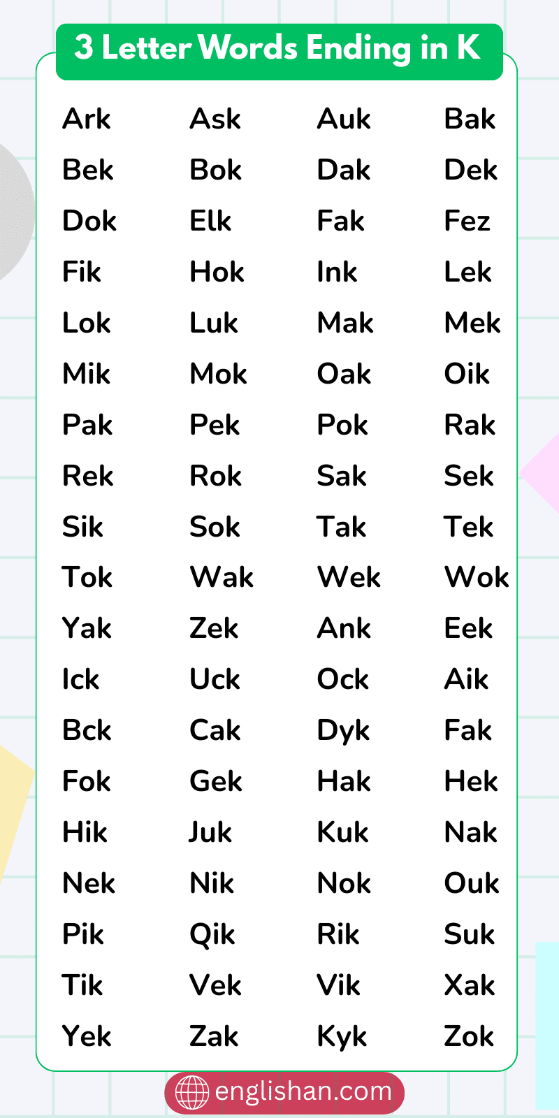 3 Letter Words Ending In K Full Vocabulary Words Lis 3 Letter Words Ending In K Full Vocabulary Words Lis