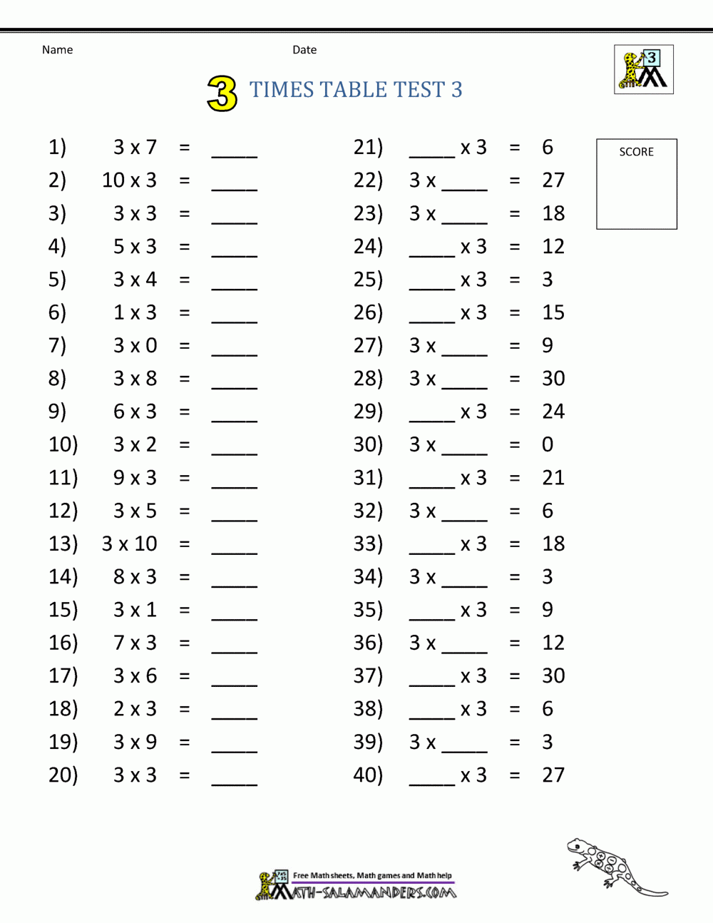 3 Times Table Worksheet