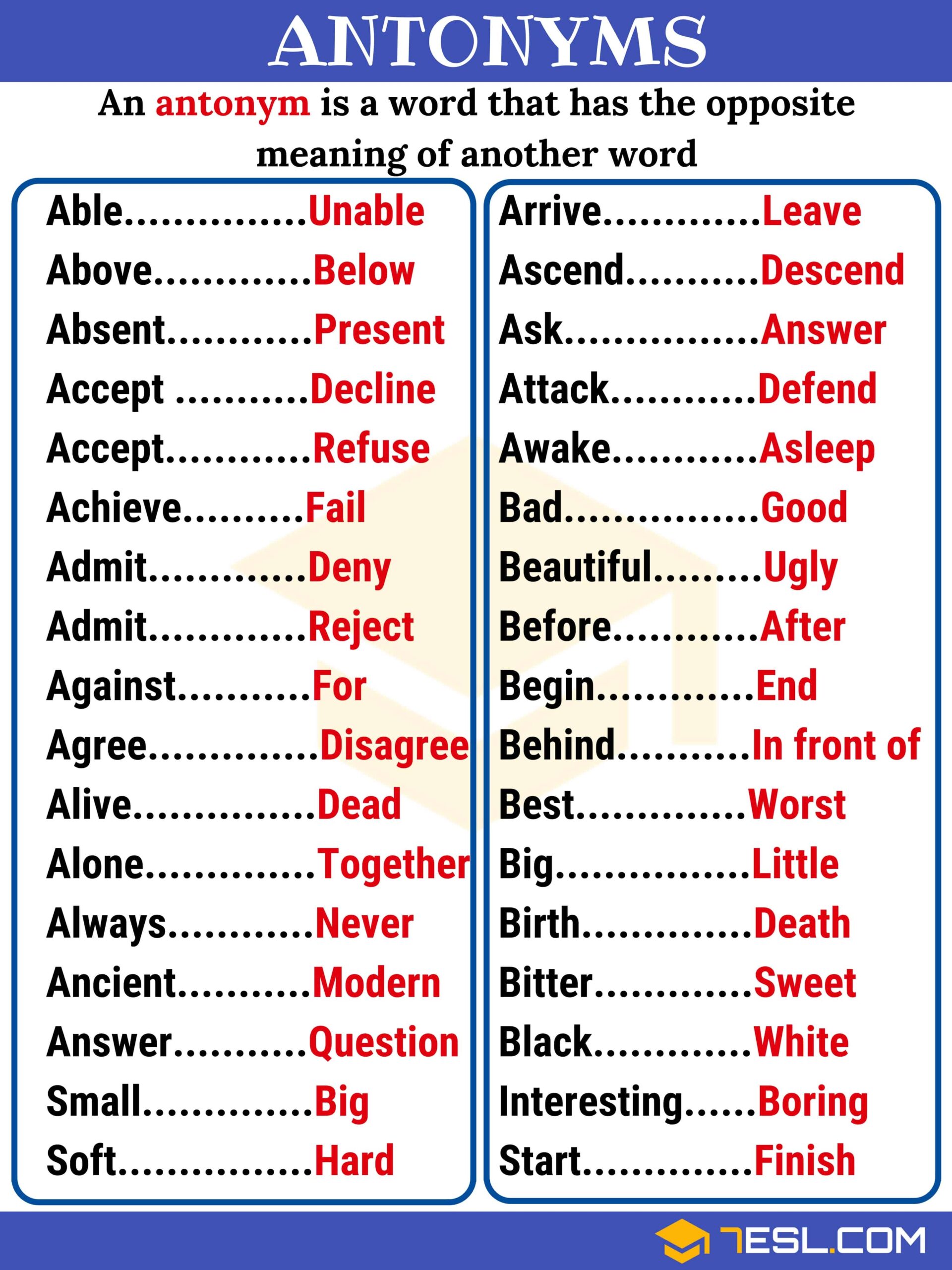300 Opposite Words Antonyms From A Z With Examples 7ESL