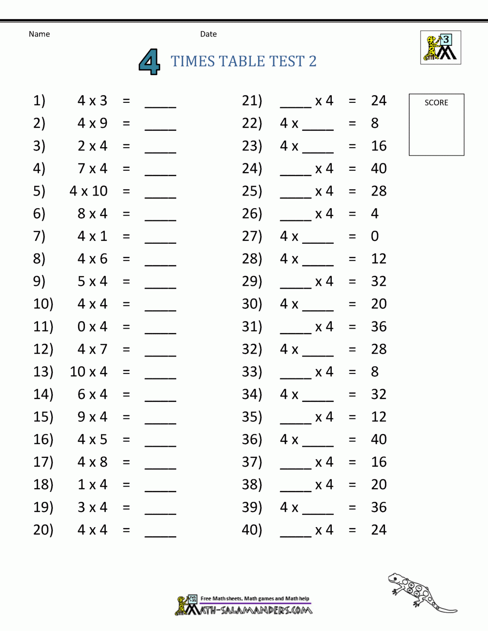 4 Times Table Worksheet Page 4 Times Table Worksheet Page