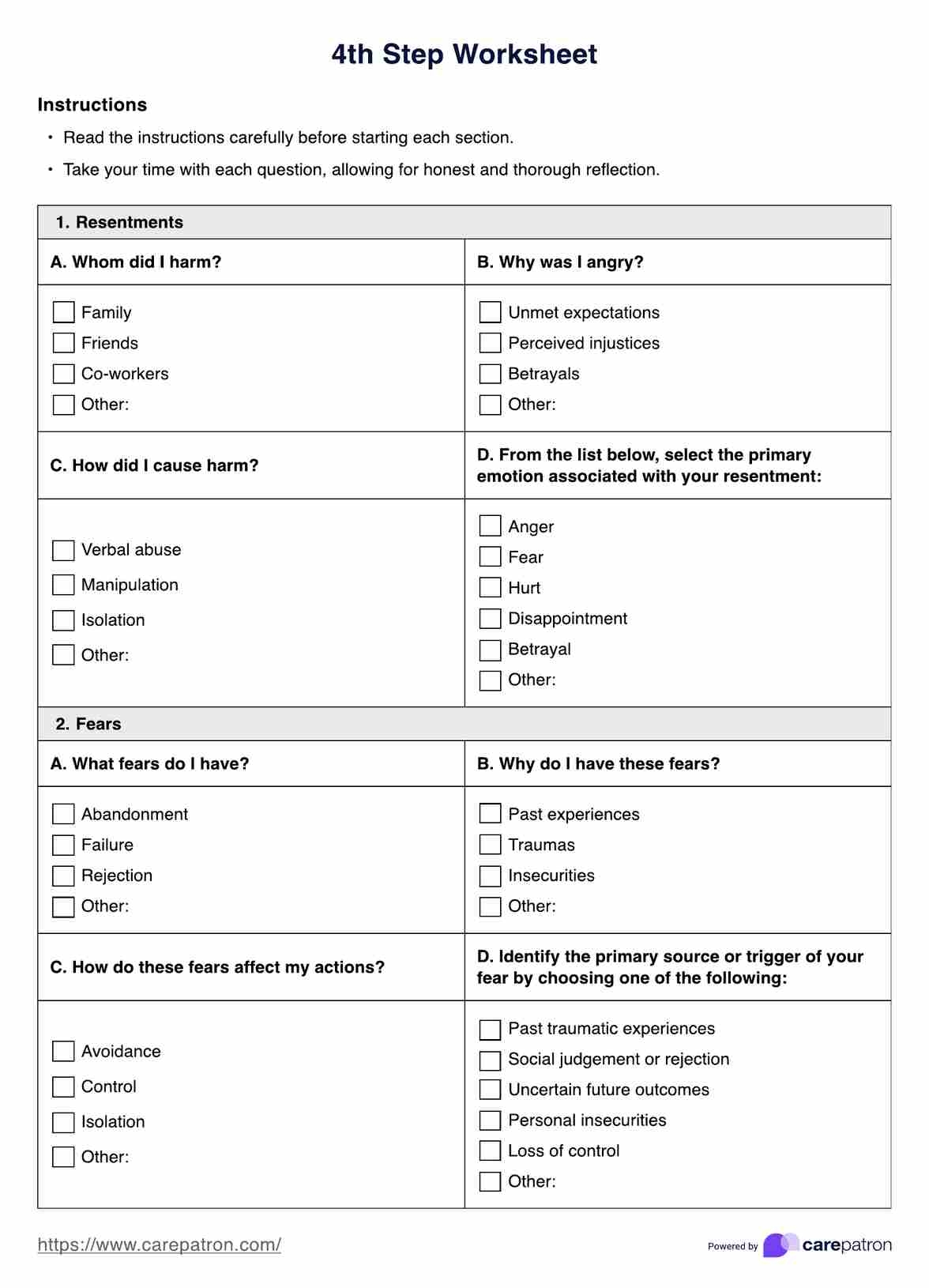 Printable Aa 4th Step Worksheets