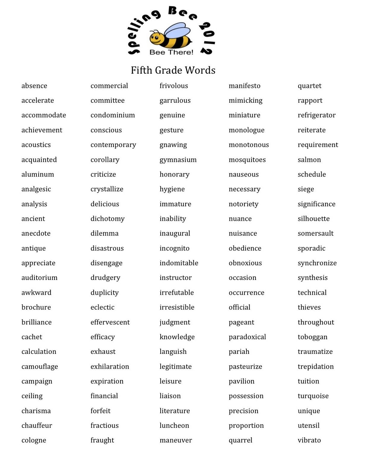 5th Grade Spelling Word List 5th Grade Spelling Word List