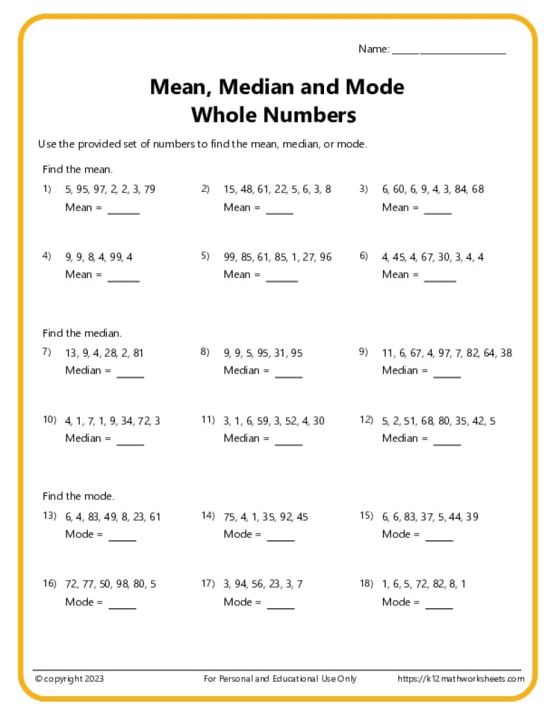 K12 Math Worksheets 6th Grade