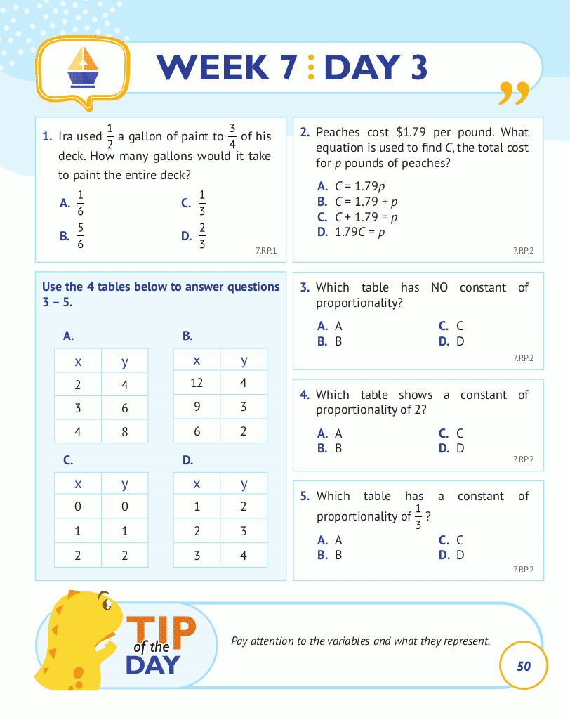 7th Grade Common Core Math Daily Practice Workbook Part I Multiple Choice ArgoPrep