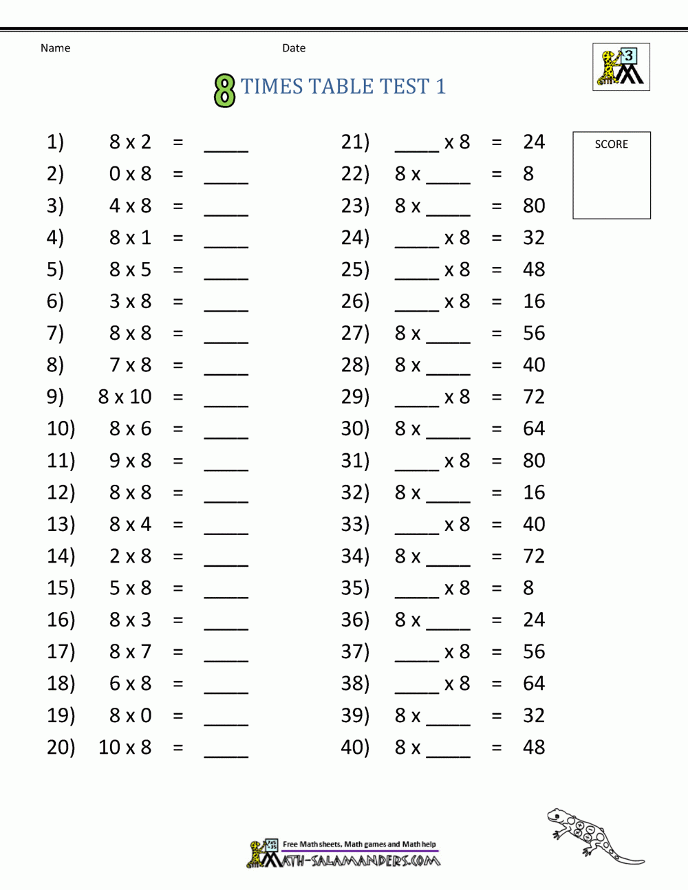 8 Multiplication Facts Worksheet