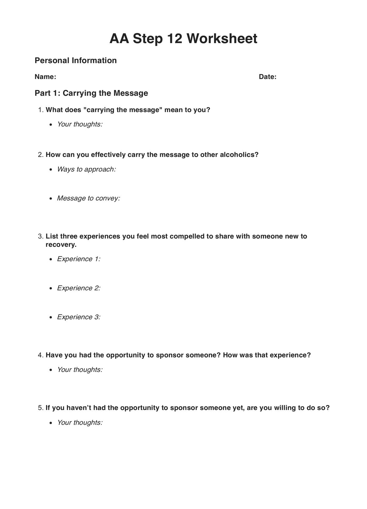 Free Printable Aa 12 Step Worksheets