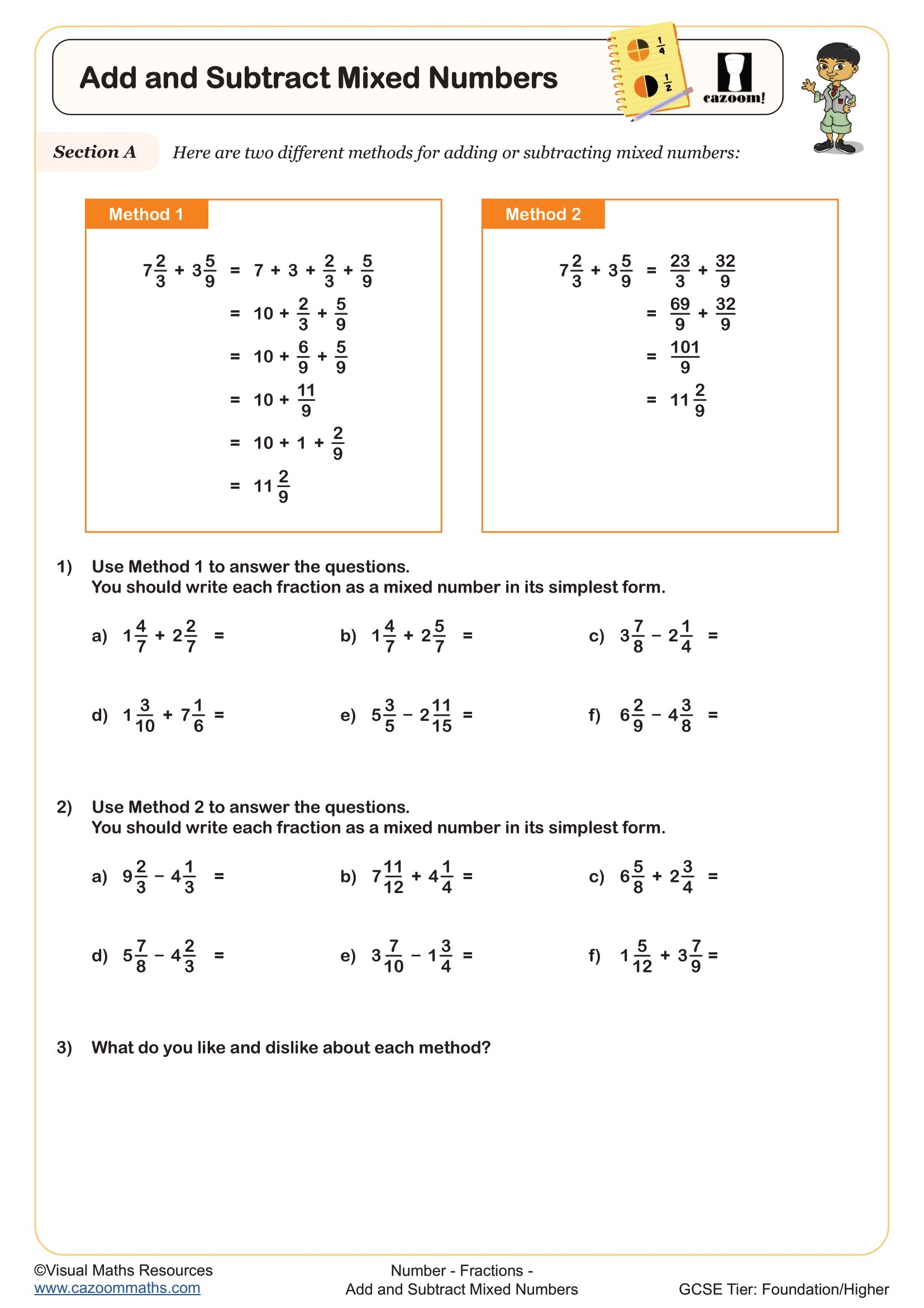 Subtracting Mixed Numbers Worksheet