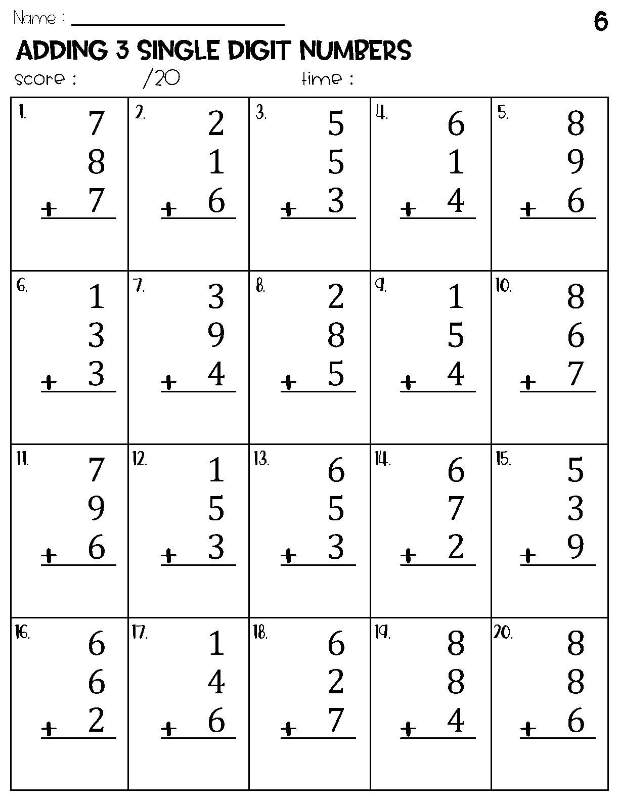 Adding 3 Single Digit Numbers Worksheets Math Timed Test Addition Etsy UK