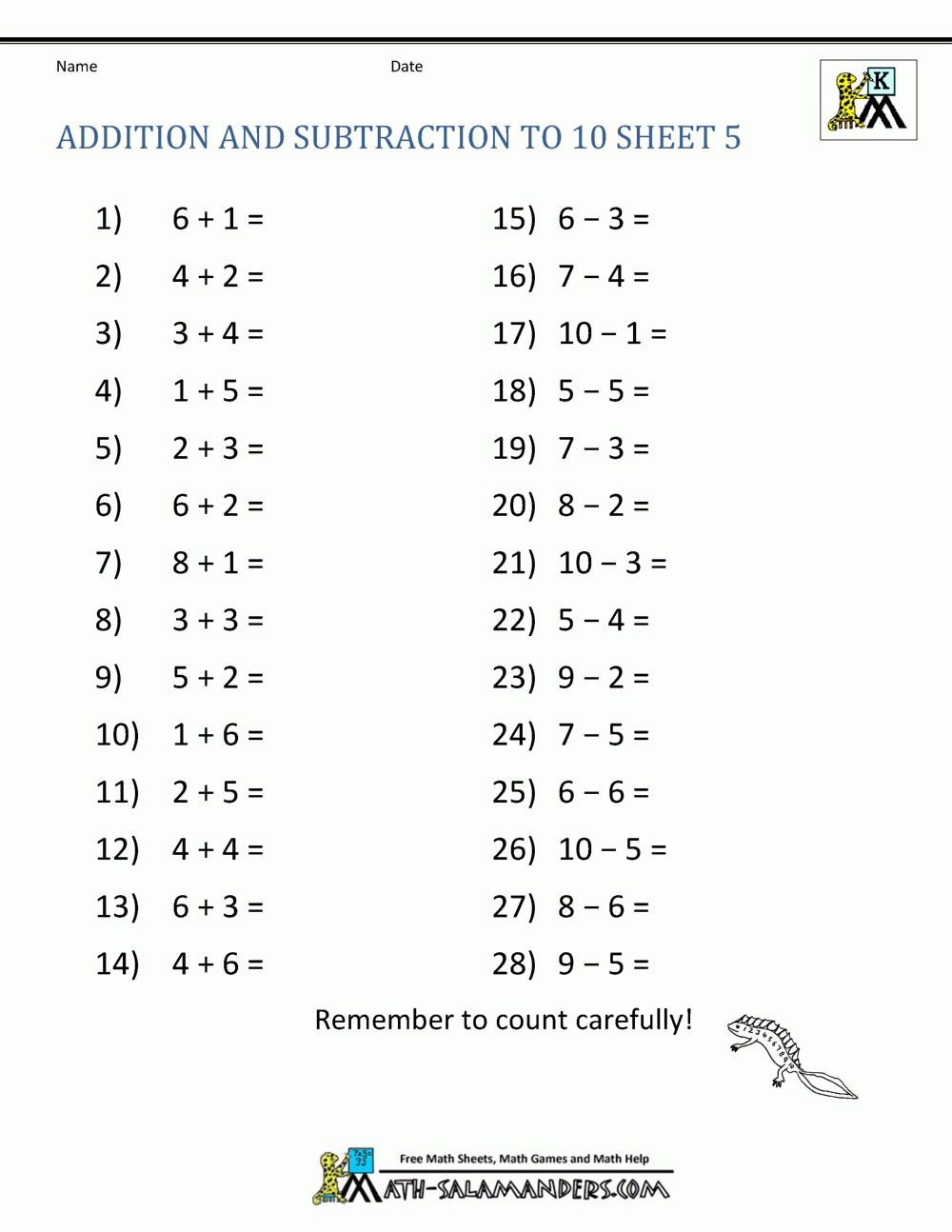 Adding And Subtracting Worksheets Printable