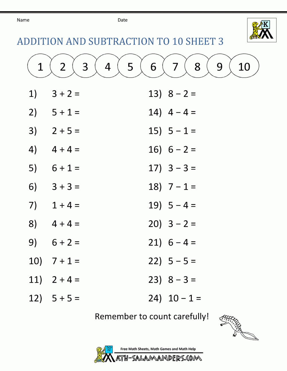 Free Adding And Subtracting Worksheets