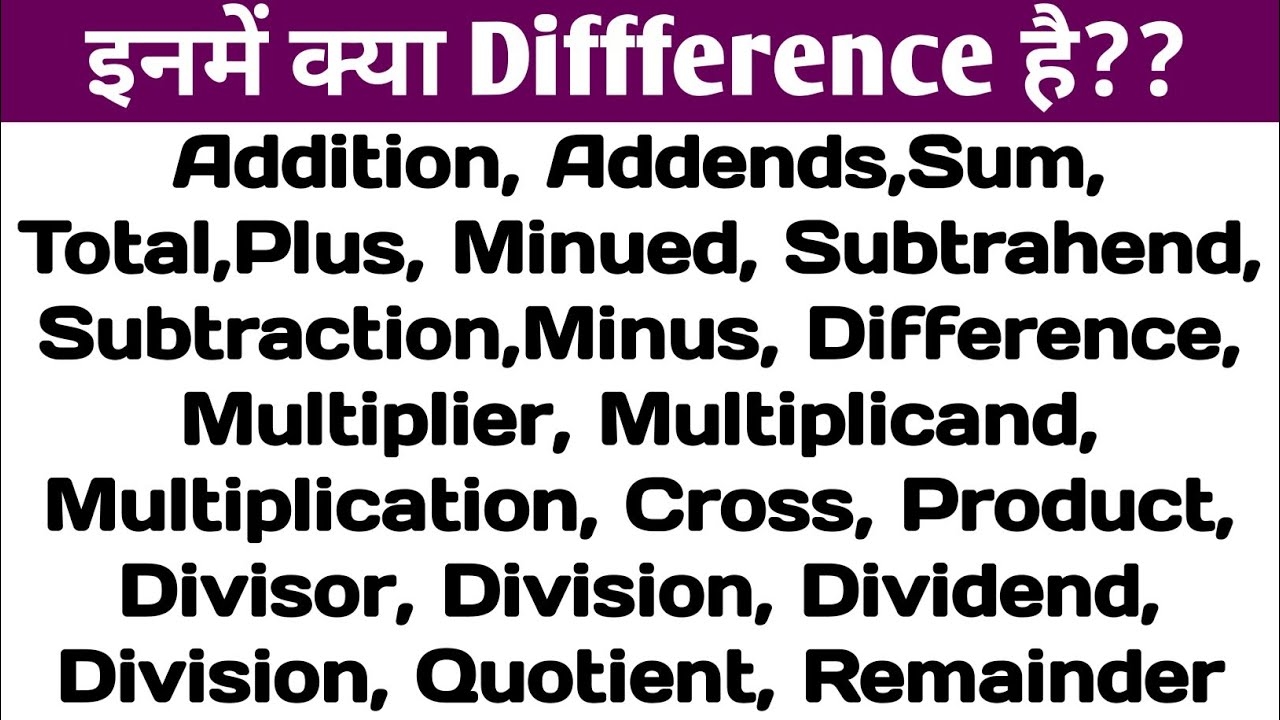 Addition Subtraction Multiplication Division Product Sum Divisor Dividend Quotient Remainder YouTube