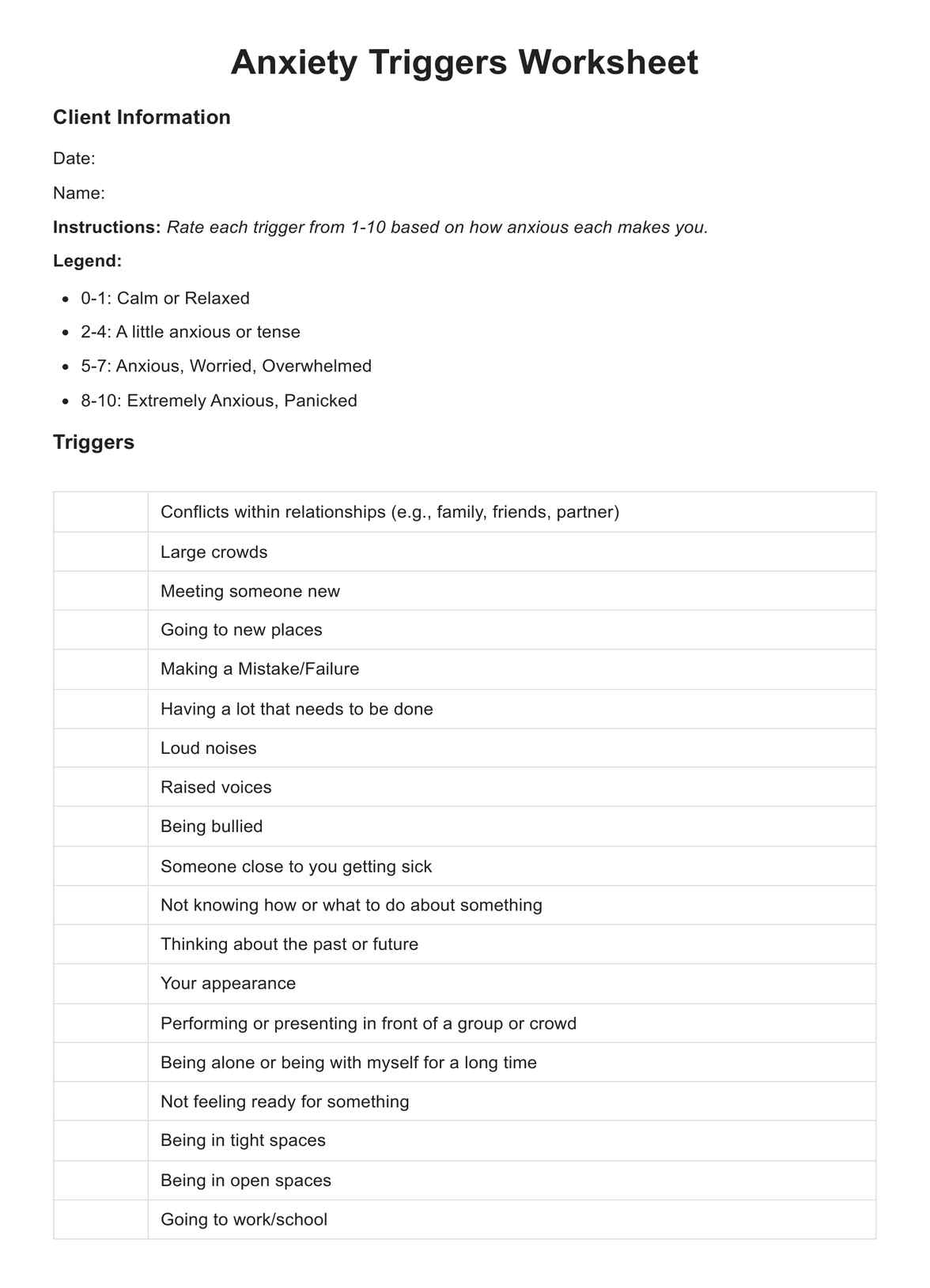 Free Printable Identifying Triggers Worksheets