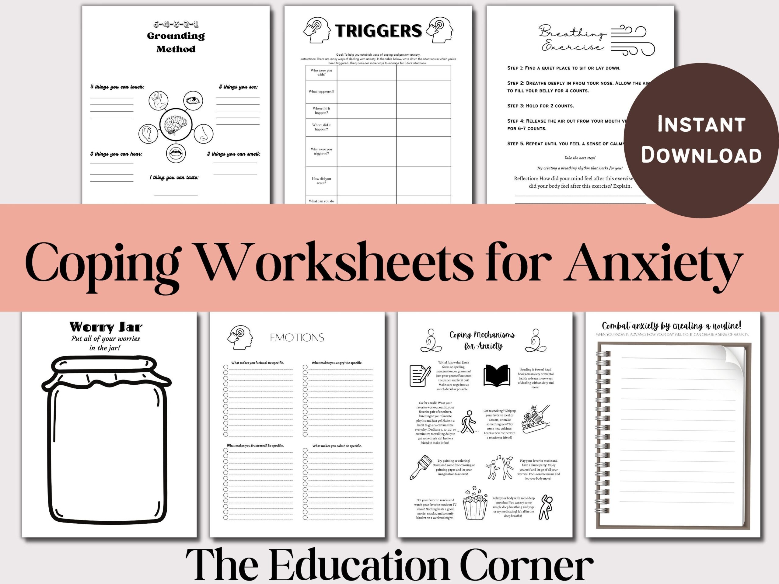 Anxiety Worksheets Mental Health Worksheets PDF Printable Instant Download Trigger And Coping Mechanisms Anxiety Printables Etsy