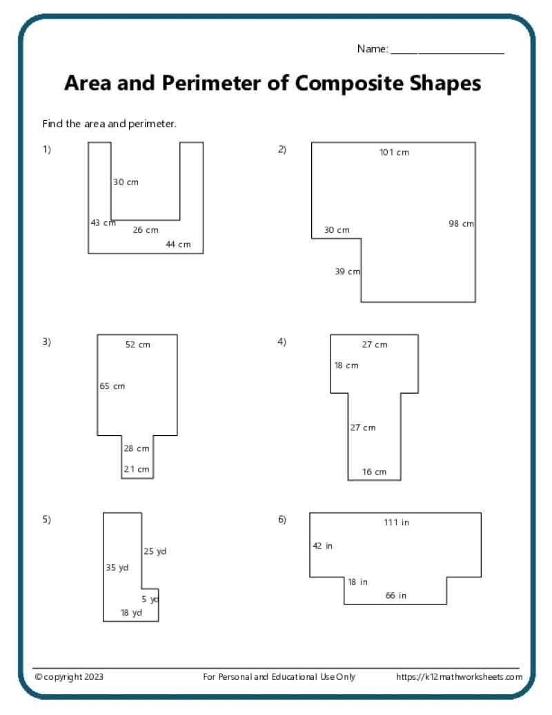 Area And Perimeter Of Composite Shapes K12 Math Worksheets