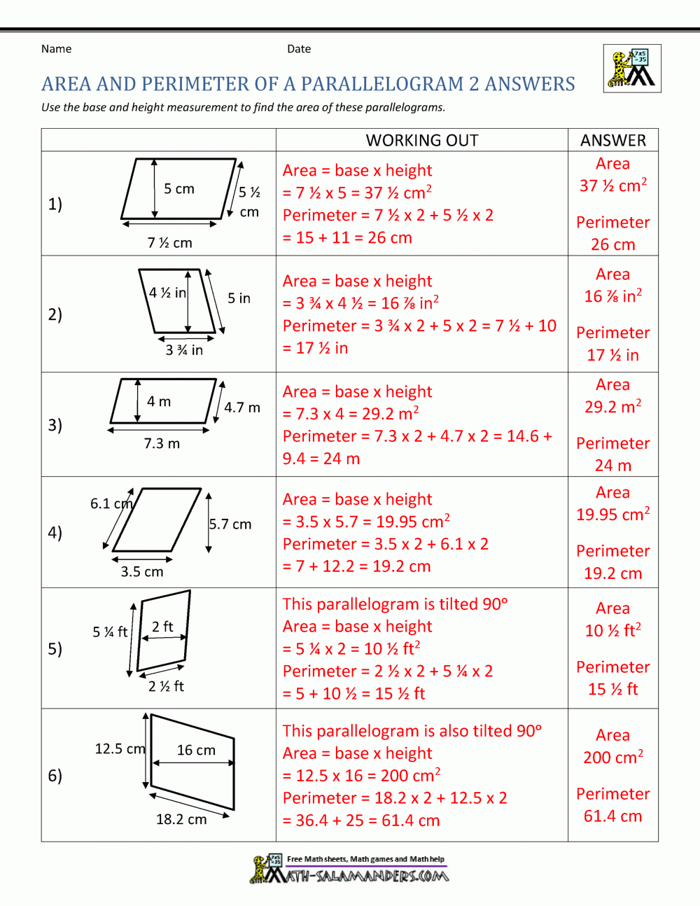 Area Of Parallelogram Worksheet Worksheets Library