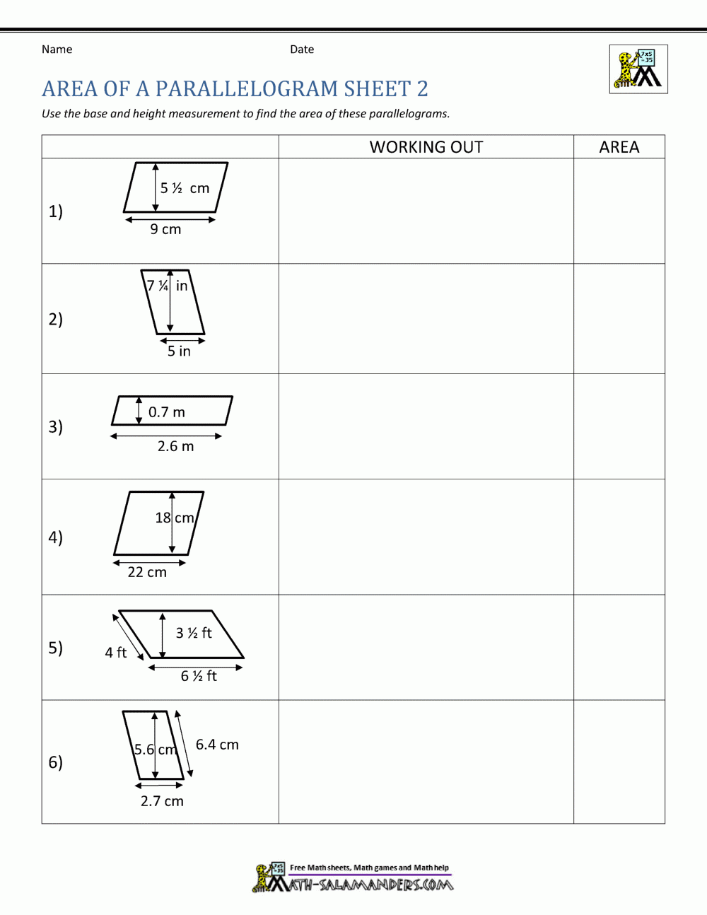 Area Of A Parallelogram Worksheet