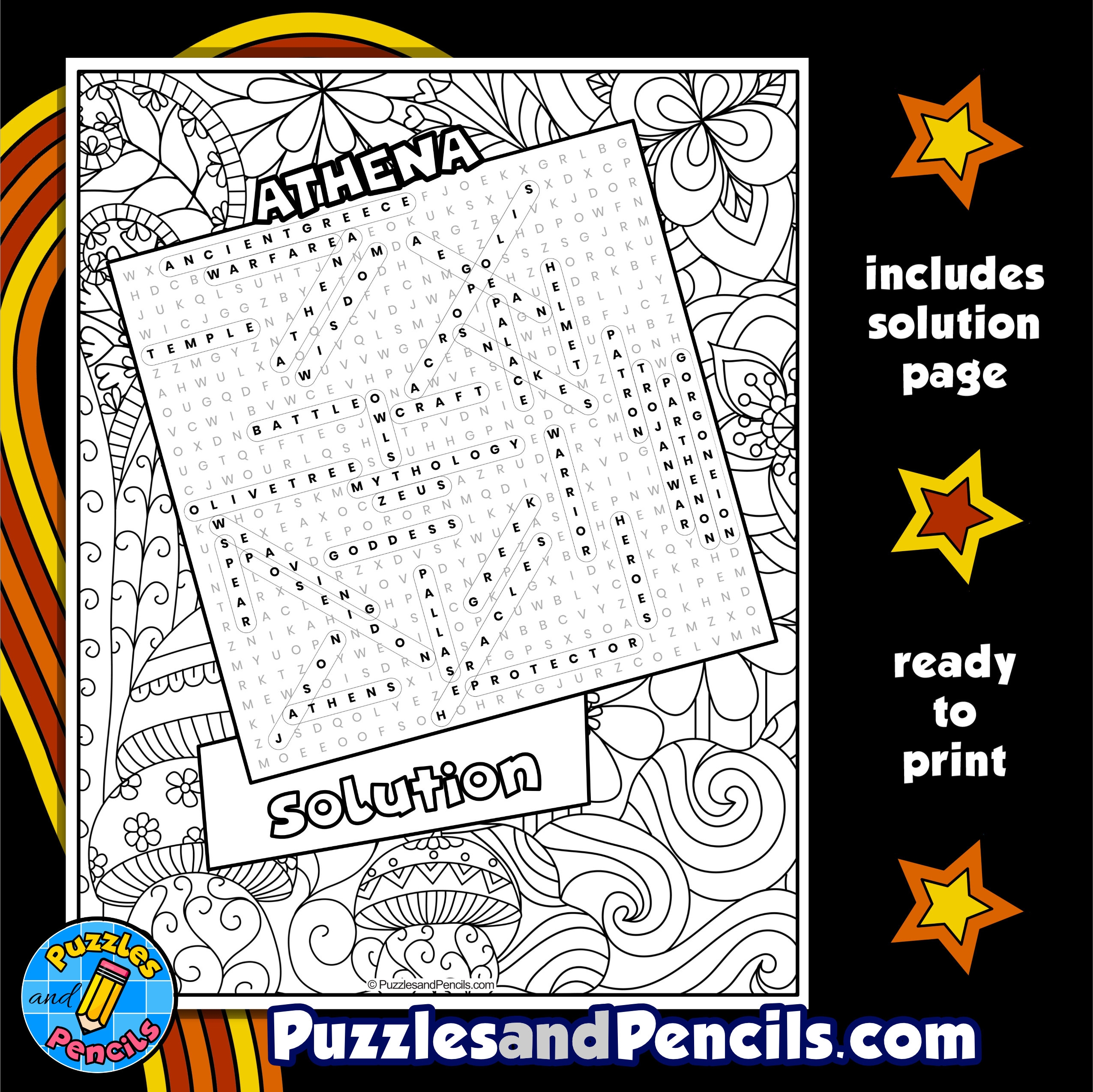 Athena Word Search Puzzle With Coloring Greek Mythology Wordsearch Made By Teachers