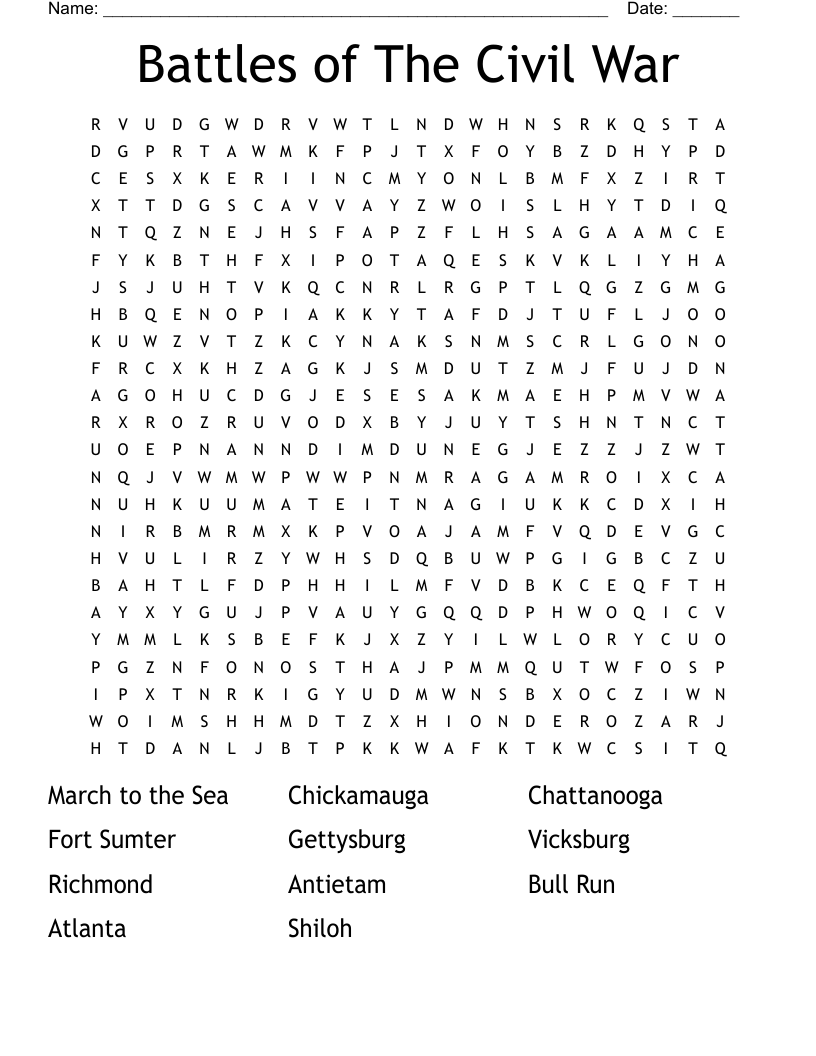 Battles Of The Civil War Word Search WordMint