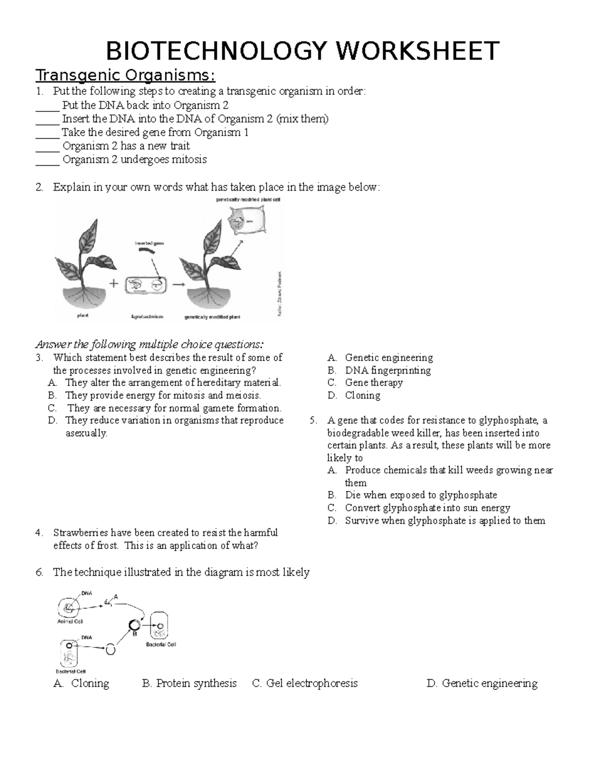 Biotechnology Worksheet