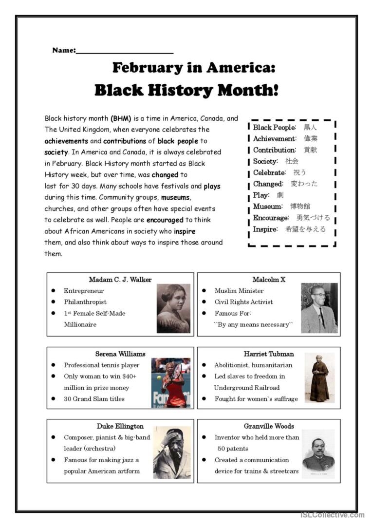Black History Month Worksheets Printable