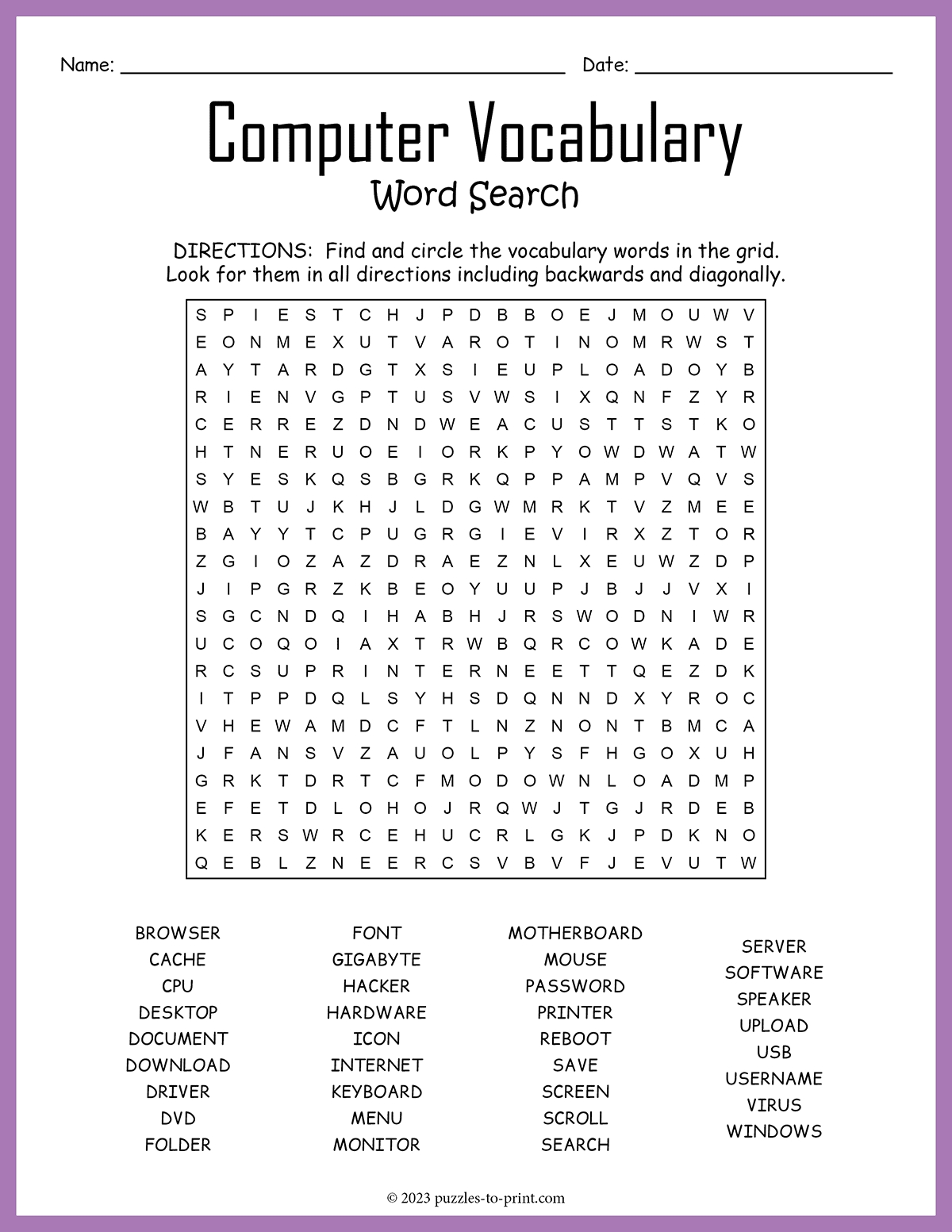 Computer Vocabulary Word Search