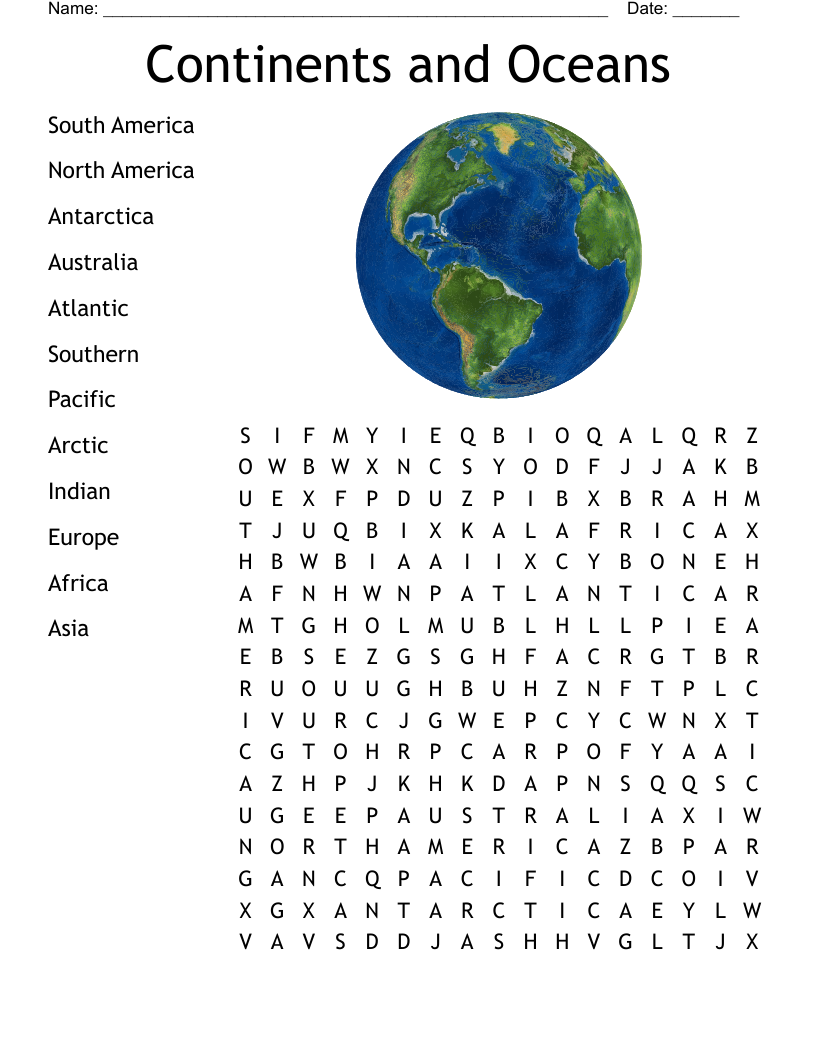 Continents And Oceans Crossword WordMint Continents And Oceans Crossword WordMint