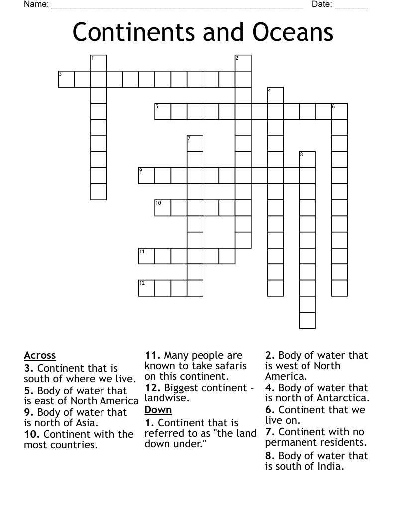 Continents And Oceans Crossword WordMint Continents And Oceans Crossword WordMint