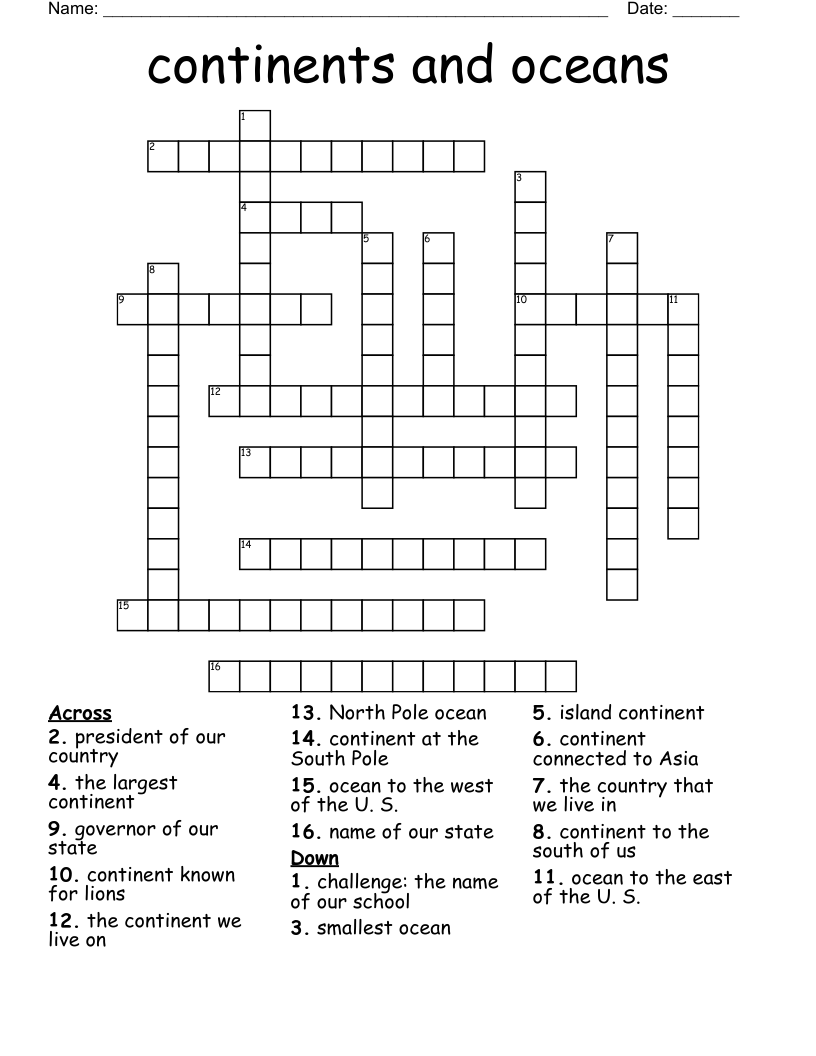 Continents And Oceans Crossword