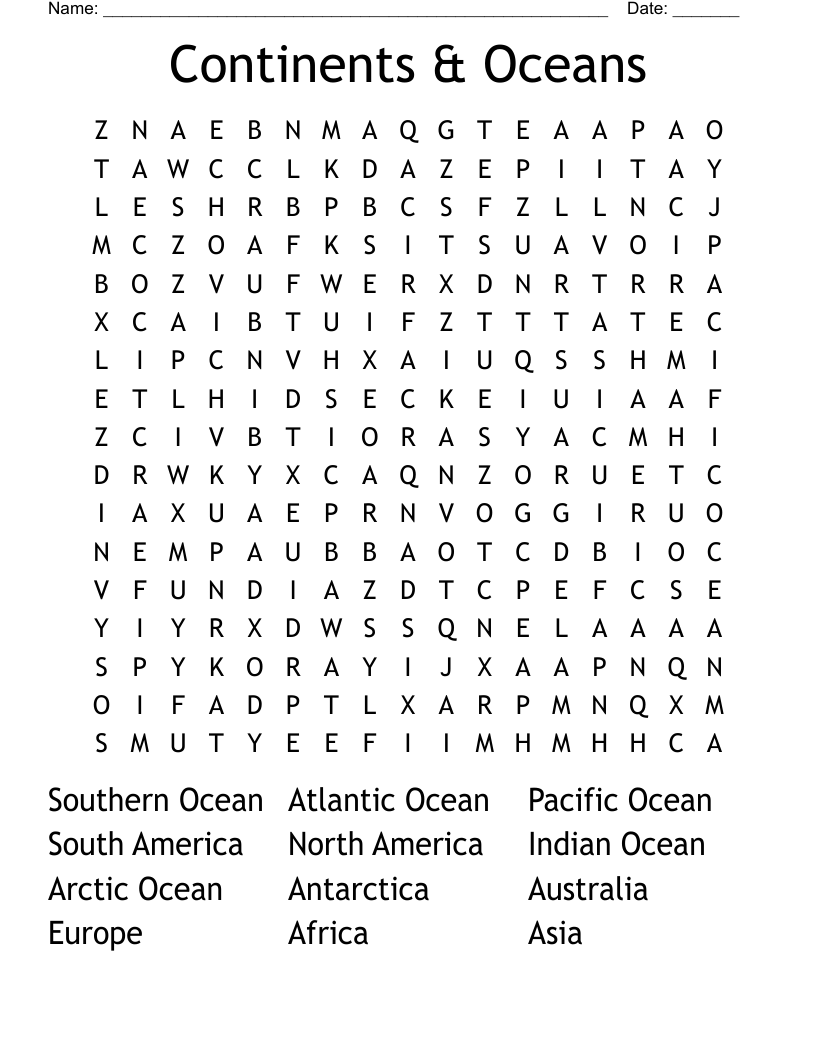 Continents Oceans Word Search WordMint Continents Oceans Word Search WordMint