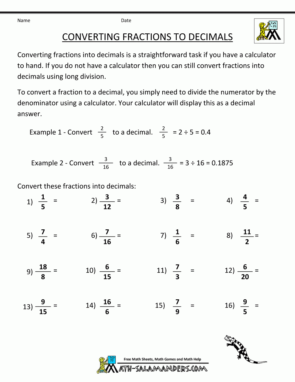 Convert Fractions To Decimals Worksheet Convert Fractions To Decimals Worksheet