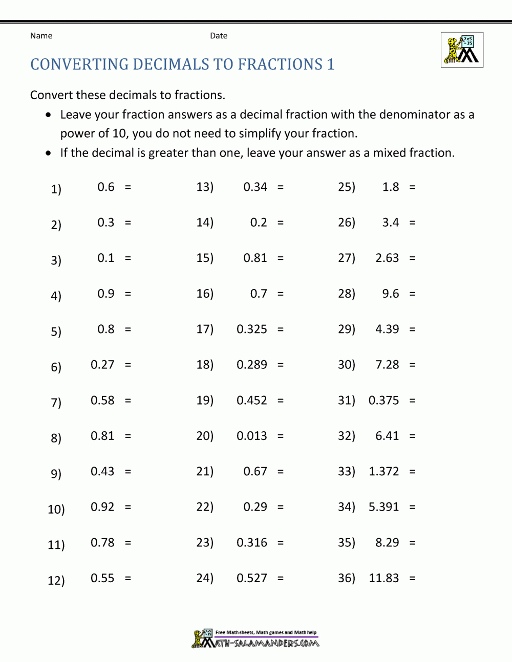 Converting From Fractions To Decimals Worksheet