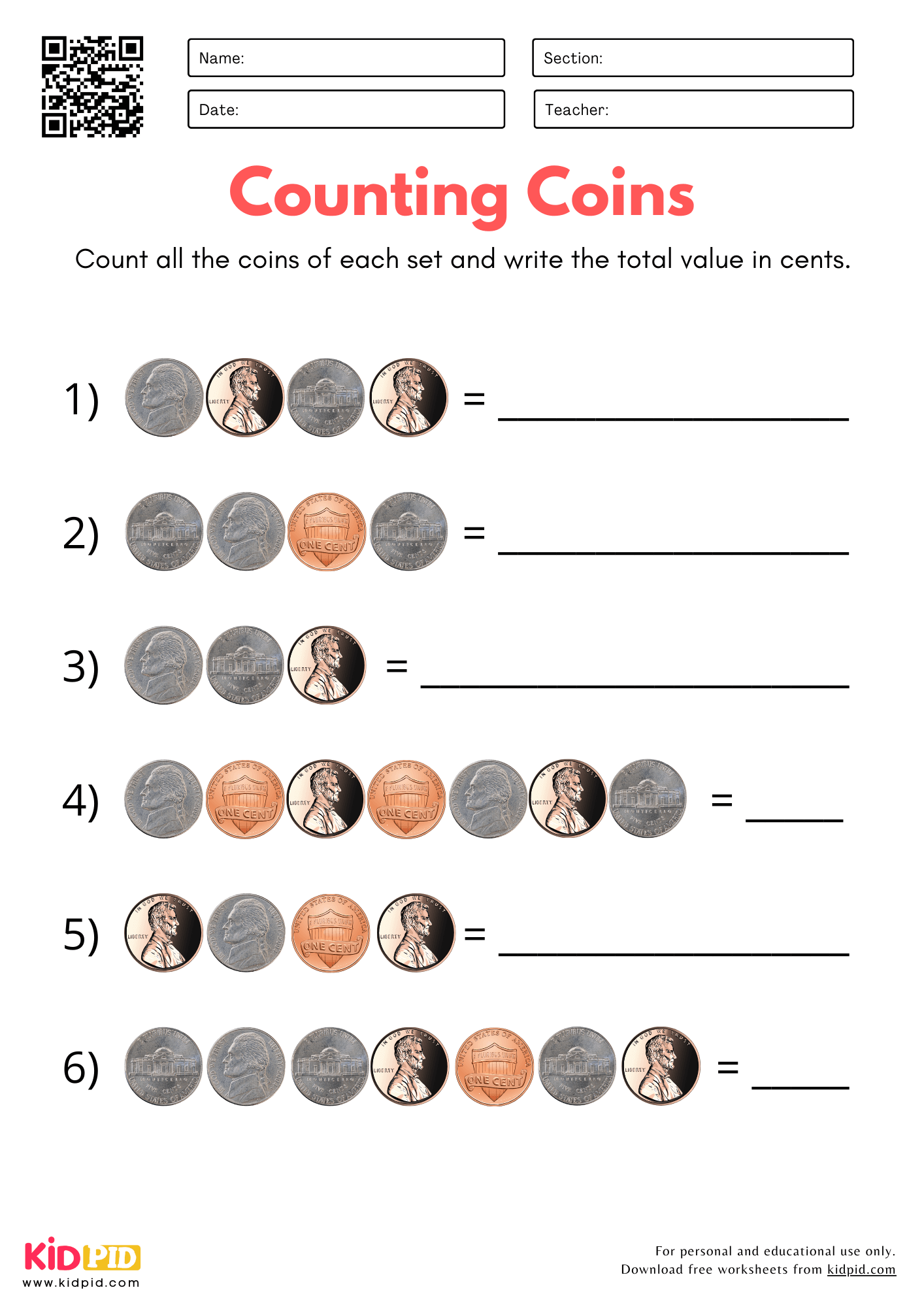 Counting Coins Write Total Value Worksheet For Kindergarten Kidpid Counting Coins Write Total Value Worksheet For Kindergarten Kidpid