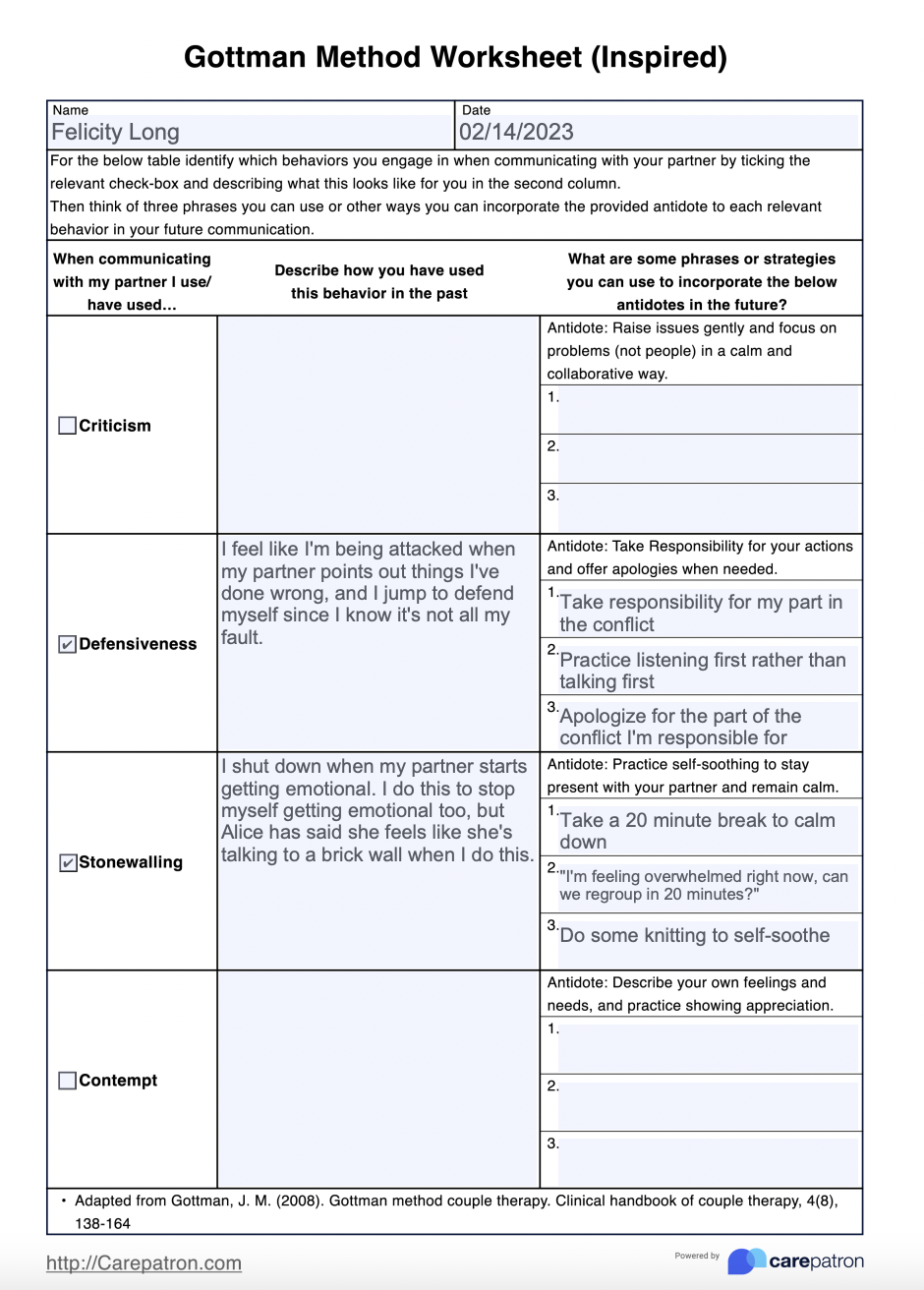 Printable Gottman Couples Therapy Worksheets