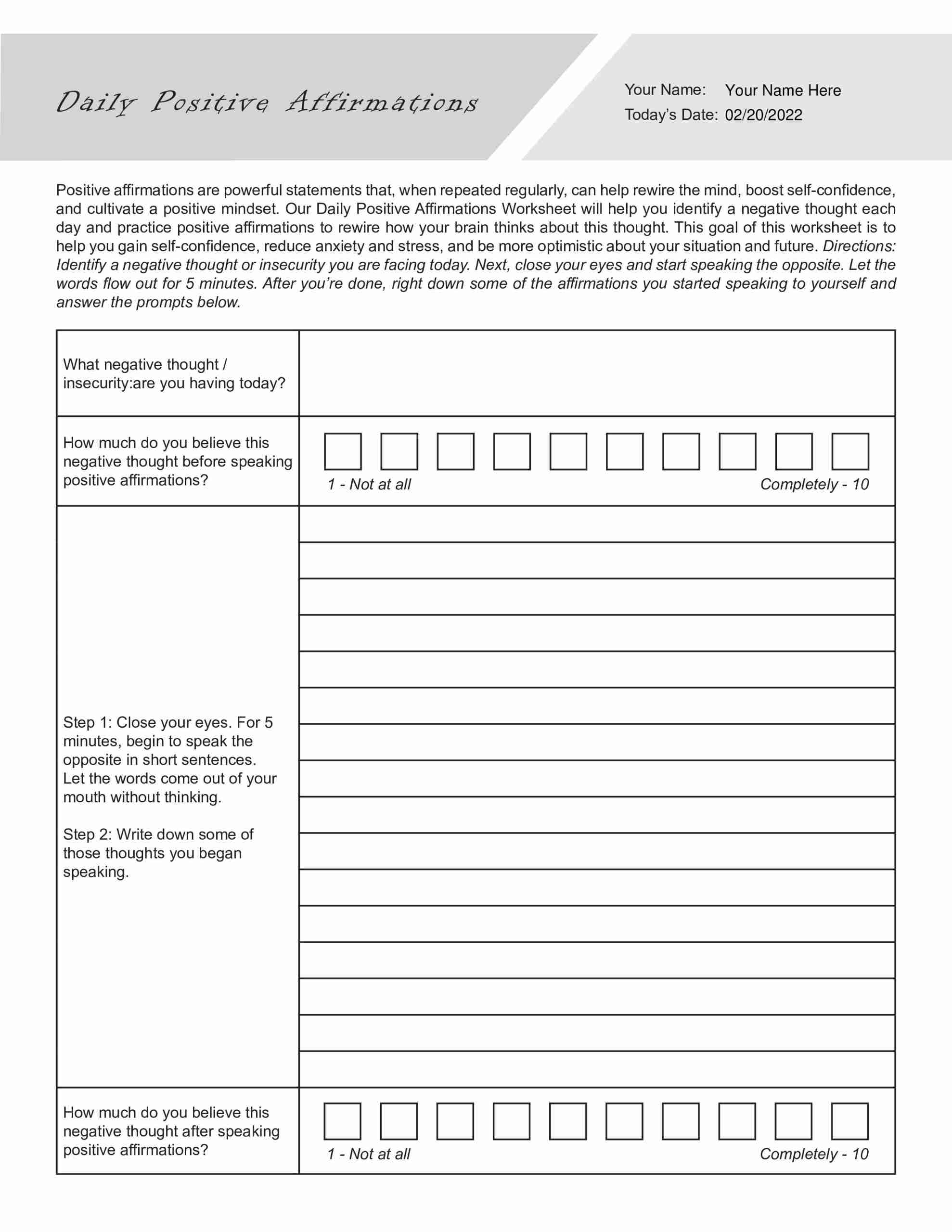 Daily Positive Affirmations Worksheet PDF TherapyByPro